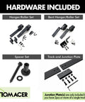 Mini Black Rustic Bypass Sliding Barn Door Hardware Kit For Two Doors, 36 Inch Flat Track Plus Bent Roller Pair components.