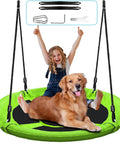 Child and dog on green 40 Inch Saucer Tree Swing For Kids With 500 Lb Weight Capacity Waterproof Platform Swing Seat And Adjustable Ropes