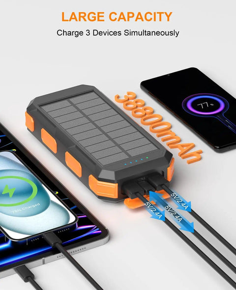 Portable Solar Power Bank 38800mAh With PD 22.5W USB C Fast Charging Four Built In Cables Dual LED Emergency Flashlights Charging Devices