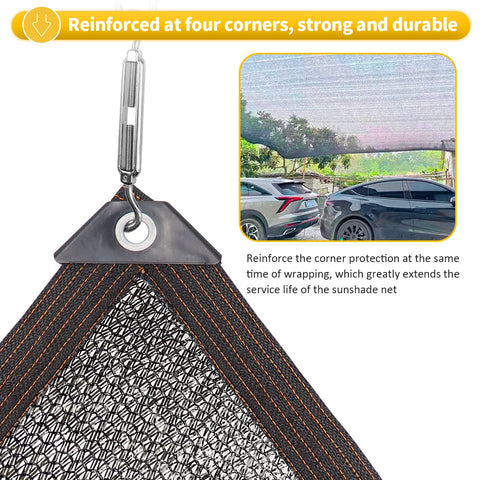 Forty Percent Shade Cloth For Greenhouse And Patio With Grommets 10ft By 20ft Mesh Tarp Keeps The Sun In Check Protecting Plants And Outdoor Areas Like Pergola Patio Garden Chicken Coop Backyard with reinforced corners shown.