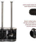 Heavy Duty Freestanding Toilet Brush And Plunger Combo, Matte Stainless Steel Floor Stand with black bristle brush and rubber plunger.
