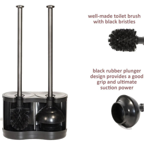Heavy Duty Freestanding Toilet Brush And Plunger Combo, Matte Stainless Steel Floor Stand with black bristle brush and rubber plunger.