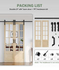 Packaging list of Preassembled 42x84 Double 21x84 Clear Glass French Interior Door With 7Ft Barn Door Hardware Kit, Spruce Wood Support
