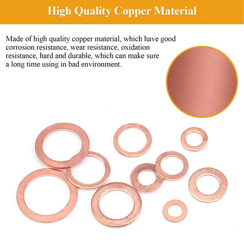 Copper Washers Kit 228-Piece Set Must-Have 10 Sizes M5 M6 M8 M10 M12 M14 M16 Flat And Sealing