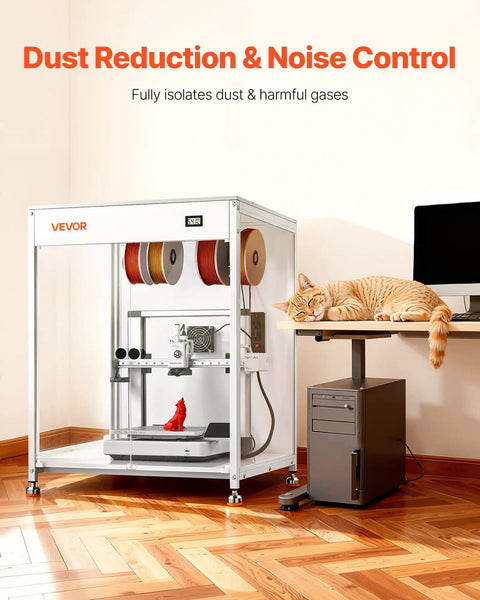 Transparent 3D Printer Enclosure With Ventilation And LED Lighting, dustproof case near computer with cat on desk.