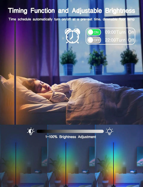 Woman sleeping with 2 Pack Dope RGBIC LED Floor Lamp With App Control And Remote Smart Floor Lamps, timing function shown