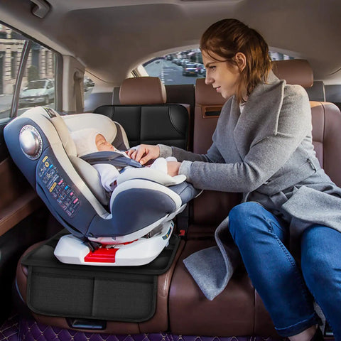 Mother checking baby in car seat on Kid Car Seat Protector For Back Seat, Durable 600D Fabric Waterproof Cover With Thick Pad, Black, 2 Pack