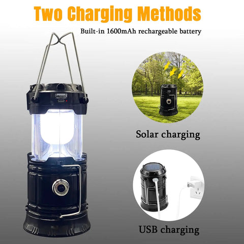 Collapsible Portable LED Camping Lantern 4 Pack, Waterproof Solar USB Rechargeable showing two charging methods