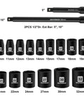 Half Inch Drive Deep Impact Socket Set Workhorse With 15 Metric Sockets From 10Mm To 24Mm And 3 Inch 5 Inch 10 Inch Extension Bars Made From CRV Steel 6 Point Metric Sockets For Auto DIY Projects shown with various socket sizes and two extension bars.