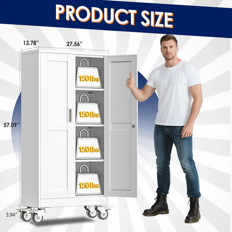 Rolling Metal Garage Storage Cabinet With Locking Doors And Wheels Tough As Nails Tool Locker With 3 Adjustable Shelves For Garage Office Home Or Gym White showing size and weight capacity with person for scale