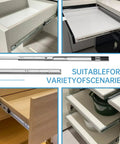 22 Inch Heavy Duty Soft Close Drawer Slides With Full Extension Ball Bearing Design, 200 Lb Capacity, Cold Rolled Steel, Black Finish installed in various cabinet drawers.