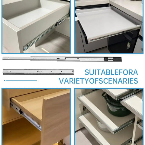 22 Inch Heavy Duty Soft Close Drawer Slides With Full Extension Ball Bearing Design, 200 Lb Capacity, Cold Rolled Steel, Black Finish installed in various cabinet drawers.