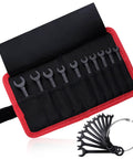 Mini SAE Ten Piece Wrench Set With Open End And Box End Wrenches Zipper Bag And Key Ring For Small Fasteners From Five Thirty Second To Seven Sixteenth Inch displayed in a red zippered bag.