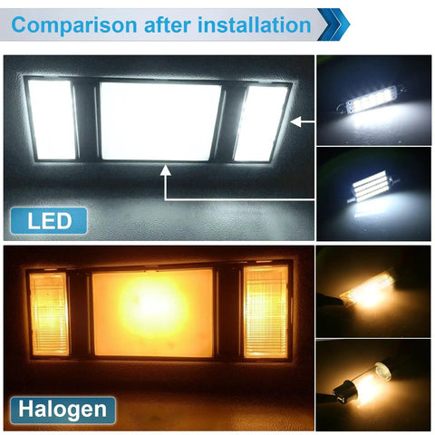 Comparison of Interior LED Map Dome Light Bulbs Kit For 1988 To 1999 Chevy Silverado GMC Sierra And Chevy GMC Full Size Pickup Trucks White Upgrade For Brighter Easier Plug N Play Interior Illumination and halogen lights.