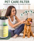 Woman grooming dog with air purifier nearby, Must-Have Pet Care Replacement Filter For Levoit 400S-P Smart WiFi Air Purifier.