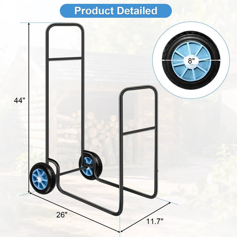 Heavy Duty Firewood Log Cart Carrier With Pneumatic Rubber Wheels, 250 Lb Load Capacity dimensions and wheel detail