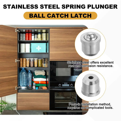 Heavy Duty 304 Stainless Steel Spring Plungers 10 Pack Ball Catch Latches For Furniture Drawers And Wardrobes No Fuss Install with visible cabinet.