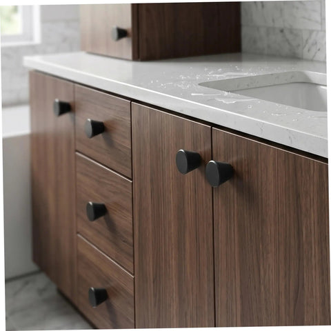Built Tough Black Round Cabinet Knobs Package Of Six Heavy Duty Aluminum Dresser Handles smooth grip on modern wooden cabinets.