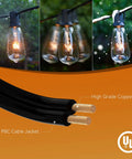 Outdoor String Lights 100 Ft Weatherproof Hanging Lights With 55 Vintage Edison Bulbs, showing warm glow and cable jacket detail.