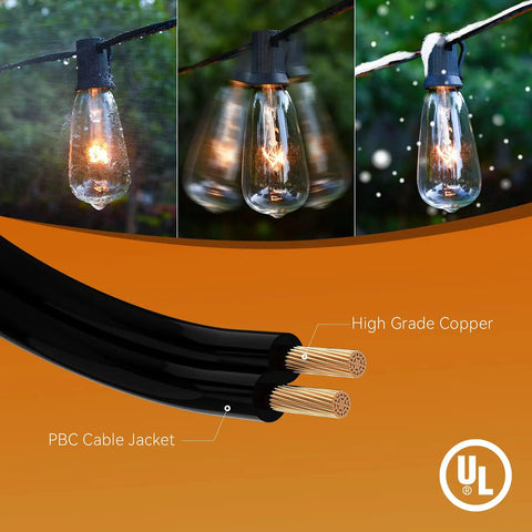 Outdoor String Lights 100 Ft Weatherproof Hanging Lights With 55 Vintage Edison Bulbs, showing warm glow and cable jacket detail.