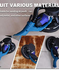 11 Inch Sanding Disc Set Comes With 225mm Mesh Hook And Loop Sandpaper For Super Smooth Jobs Plus 6 Hole Dust Extraction Backing Pad close-up of orbital sander on drywall, showcasing versatility for various surfaces.