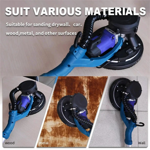 11 Inch Sanding Disc Set Comes With 225mm Mesh Hook And Loop Sandpaper For Super Smooth Jobs Plus 6 Hole Dust Extraction Backing Pad close-up of orbital sander on drywall, showcasing versatility for various surfaces.