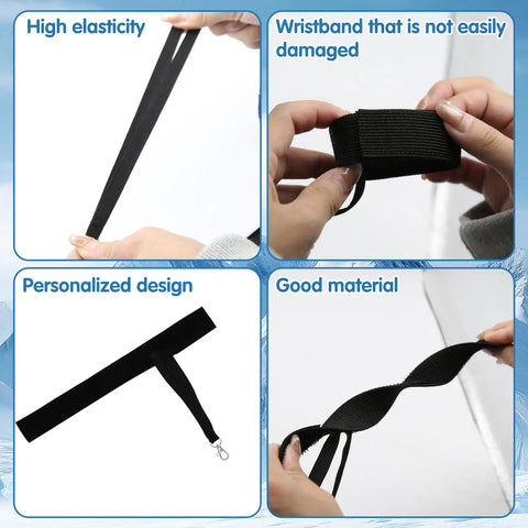 Close-up of Winter Ski Gloves With Elastic Wrist Straps And Safety Straps For Snowboarding And Mountaineering Includes Keychains Durable Outdoor Gear For Men Built For Tough Conditions showing high elasticity and durability of the straps.