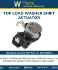 Whirlpool W10913953 Genuine OEM top-load washer shift actuator with small white plastic lever and electrical harness