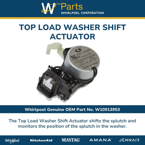 Whirlpool W10913953 Genuine OEM top-load washer shift actuator with small white plastic lever and electrical harness