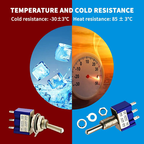 3 Position SPDT Mini Toggle Switch On Off On 3 Pin 6A at 125V and 3A at 250V Micro Toggle Switch for Arduino Projects With Durable Metal Housing Great For DIY Electronics Maker Projects and Arduino Experiments, shown with temperature resistance graphic