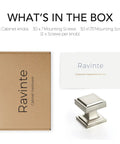 Box contents for 30 Pack Brushed Nickel Square Cabinet Knobs And Drawer Pulls Set For Kitchen Cabinets, including screws and knob detail.