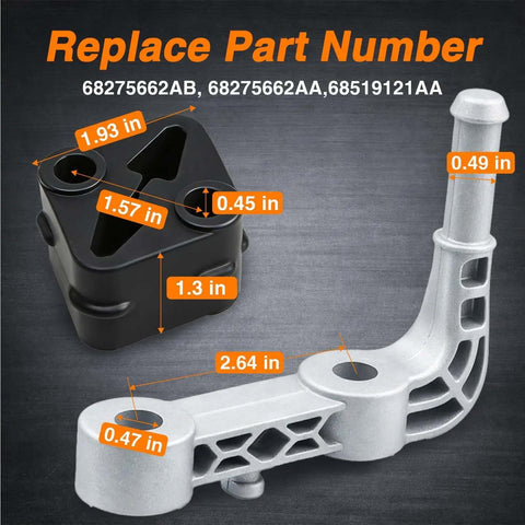 Upgrade Your Ride With This Durable Reinforced Rear Exhaust Muffler Hanger Support Bracket Kit For Ram 1500 Including 3.0L And 5.7L Models Featuring Heavy Duty Steel Build Plus Rubber Isolators To Cut Vibration For Peak Performance., black and silver exhaust hanger kit with OEM part numbers and size measurements