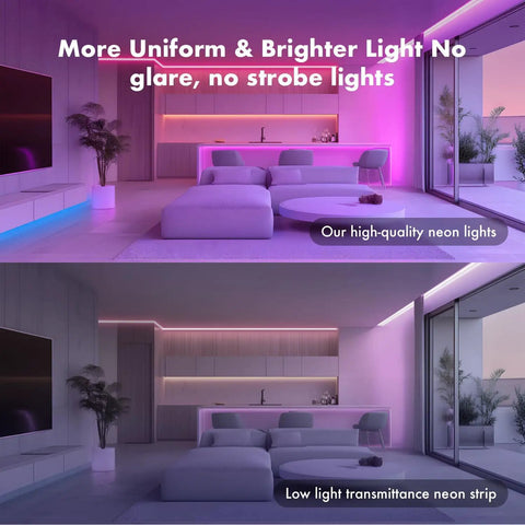 Room with Neon Rope Lights 132Ft RGB LED Strip Lights Waterproof IP67 creating ambient glow in living area, highlighting decor.