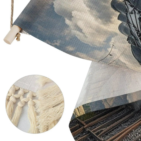 Close-up of Steam Locomotive Train Hanging Poster With Beech Wood Frame, Cotton Linen Wall Art showing tassel detail.