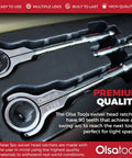 Swivel Head Ratchet Wrench Set 3 Piece Chrome Vanadium Steel 270 Degree Rotation in packaging, close-up of swivel heads.