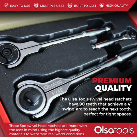 Swivel Head Ratchet Wrench Set 3 Piece Chrome Vanadium Steel 270 Degree Rotation in packaging, close-up of swivel heads.