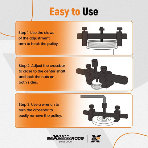 Illustration showing steps to use a Universal Crankshaft Pulley Removal Tool and Harmonic Balancer Puller Set for installation