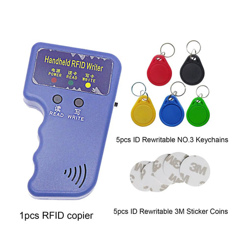 Handheld 125KHz RFID Copier And Duplicator For T5577 And EM4305 Cards with 5 colorful keychains and 5 3M sticker coins