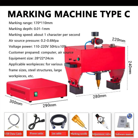 Heavy Duty Pneumatic Dot Peen Marking Machine Workhorse Quality For Metal Engraving showing dimensions and features.