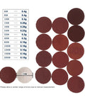 Grab These 200 Pcs Pro Sanding Discs With Hook And Loop Backing For Any Rotary Tool Featuring Dust Venting Holes From Smooth 60 To Glassy 2000 Grit For Fast Easy Swaps showing various grit sizes and weights.