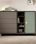 Modern cabinet with gray drawers and green door featuring a recessed cabinet pull for sliding barn doors.