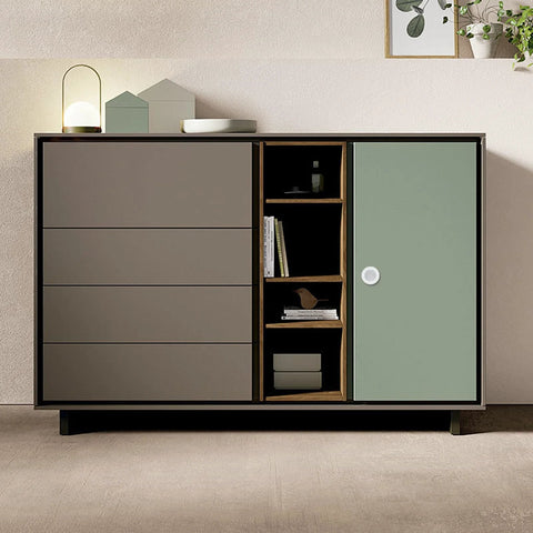 Modern cabinet with gray drawers and green door featuring a recessed cabinet pull for sliding barn doors.