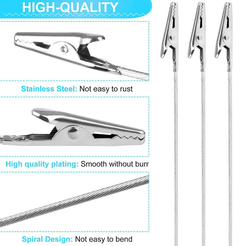 Close-up of 40 Piece Metal Wire Long Tailed Alligator Clip Set For Crafts And DIY Projects highlighting stainless steel material.