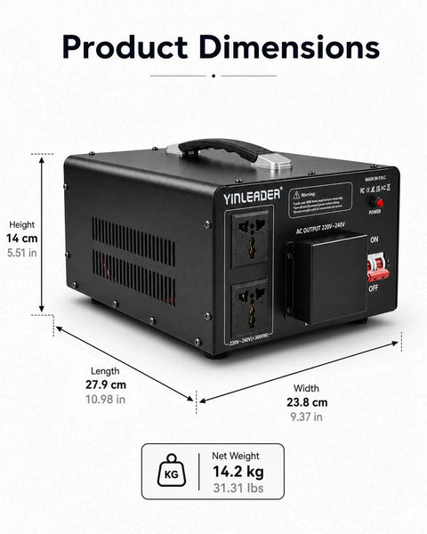 Straight Shooting Heavy Duty Step Up Voltage Converter Transformer Adjusting AC 110 To 220 Volts with dimensions displayed.