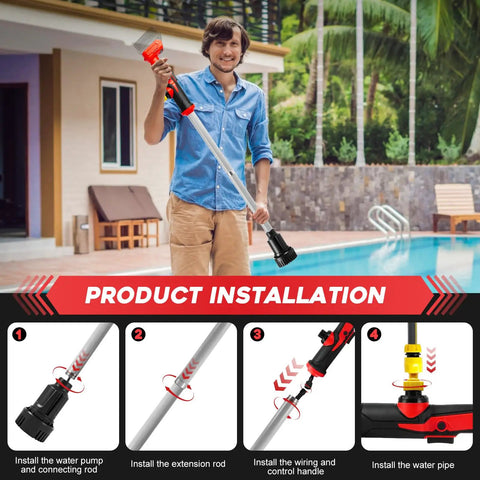 Man using Cordless Water Transfer Pump, Brushless 1400 GPH Stick Pump, Milwaukee M18 Battery Compatible near a pool