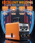 Super Tough 3-In-1 Mig Stick Welder With Lift Tig And Flux Core For Metal Repair and DIY Projects, orange color, LED display, compact design.