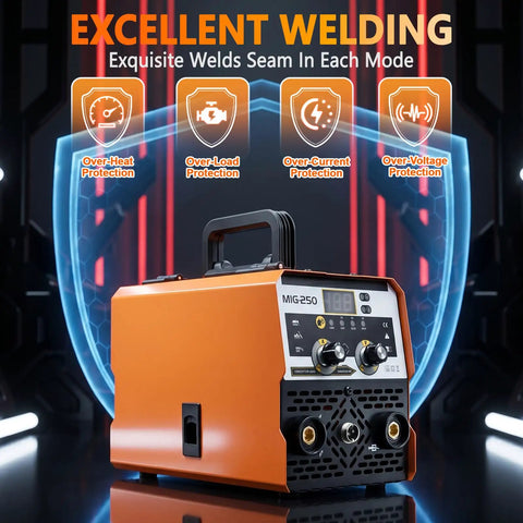 Super Tough 3-In-1 Mig Stick Welder With Lift Tig And Flux Core For Metal Repair and DIY Projects, orange color, LED display, compact design.