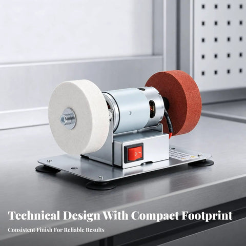 Professional Grade Rock Solid Electric Bench Grinder With Non Slip Dual Wheels Vibration Proof Base, compact design with white and red wheels.