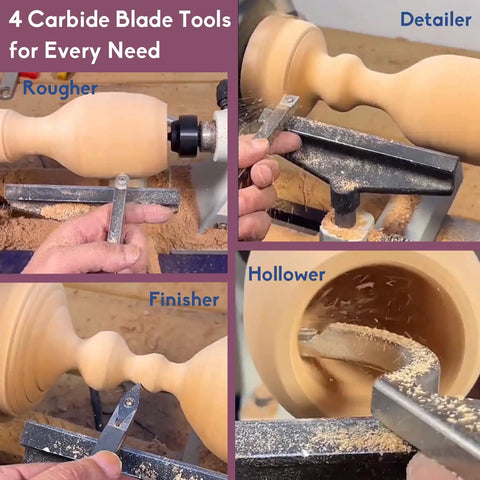 Carbide Tipped Wood Turning Tools Set With Lathe Rougher Finisher And Swan Neck Hollowing Bits Interchangeable Aluminum Grip Handle Diamond Carbide Inserts Pro Grade Handy Ergonomic Lathe Tools For Precise Woodworking in use