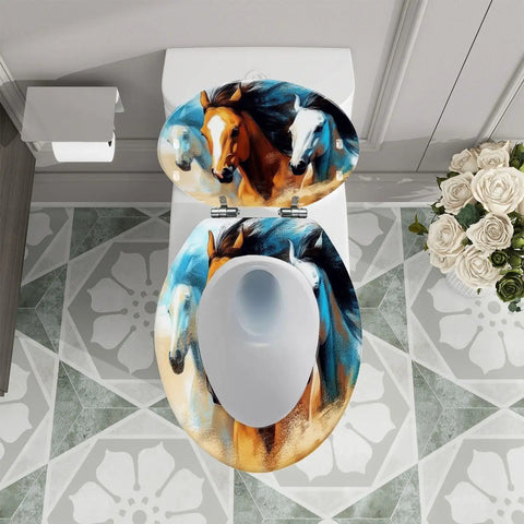 Elongated Decorative Toilet Seat for Bathroom with horse images, measures 14.5" x 18.5", fits most toilets.